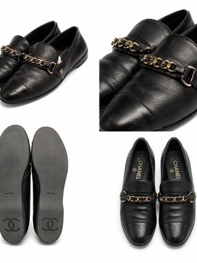 CHANEL Black Leather Loafers with Gold Chain Accent